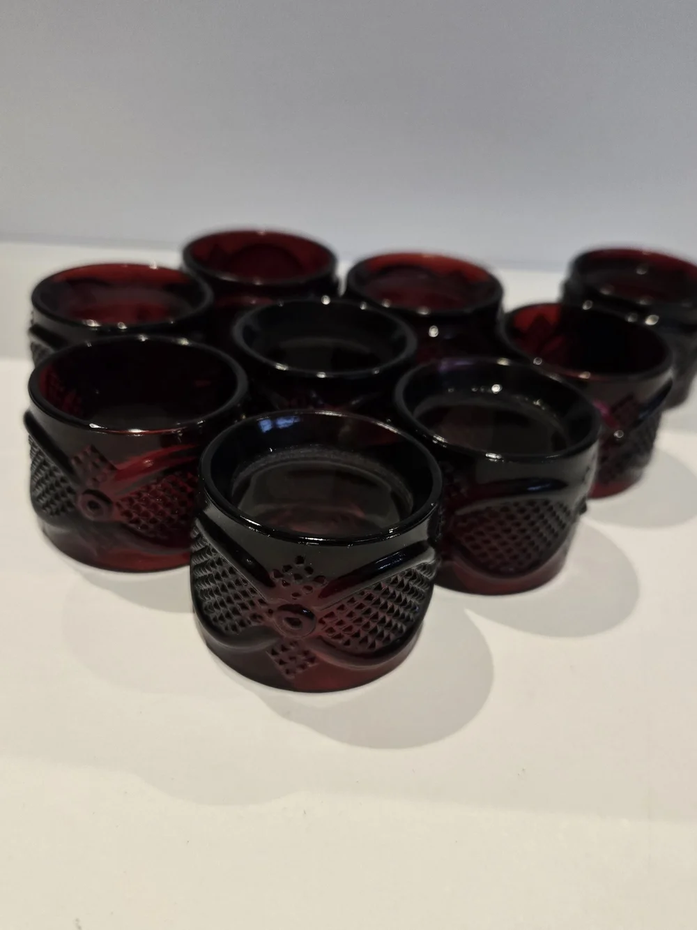 Avon 1876 Cape Cod Ruby Red Napkin Rings, Vintage, Set of 9 Glass Holders